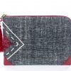 Tribal Clutch Bag : Hand Woven Cotton with Akha Embroidery and Red Leather Accent