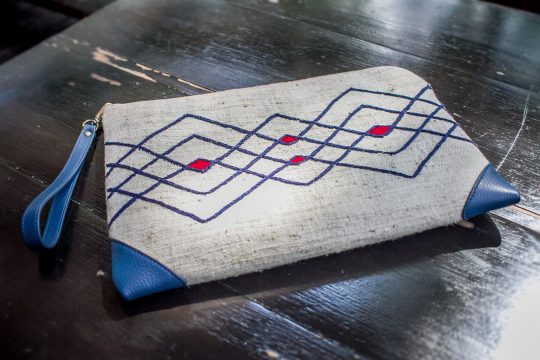 Tribal Clutch Bag : Hand Woven Natural Cotton with Blue Leather Accent