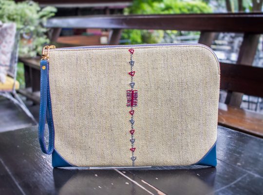 Tribal Clutch Bag : Yellow Hand Woven Cotton with Blue Leather Accent