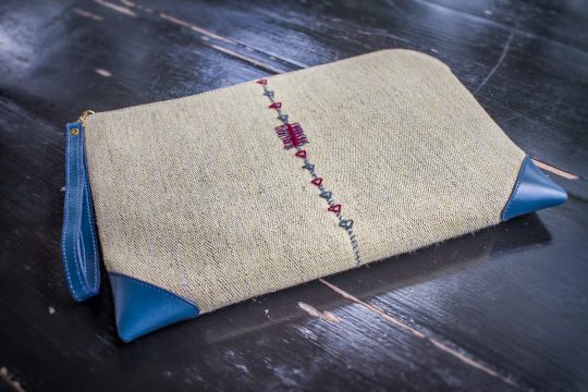 Tribal Clutch Bag : Yellow Hand Woven Cotton with Blue Leather Accent