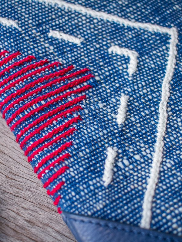 Tribal Clutch Bag : Hand Woven Cotton with Akha Embroidery and Blue Leather Accent