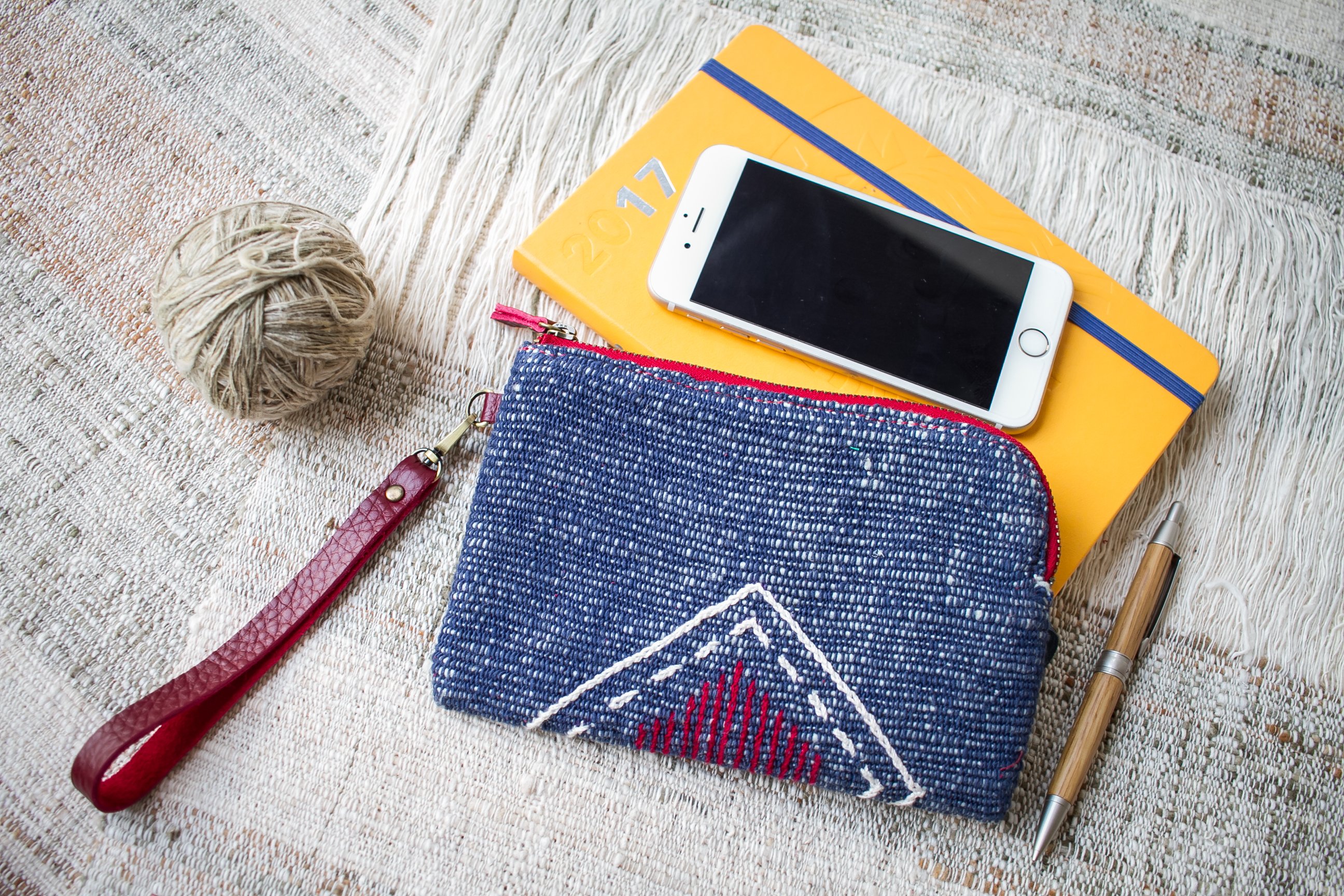 Hand Woven Cotton with Hand Embroidery Wristlet ( Blue color )