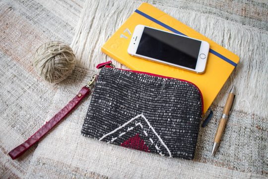 Hand Woven Cotton with Hand Embroidery Wristlet ( Black color )