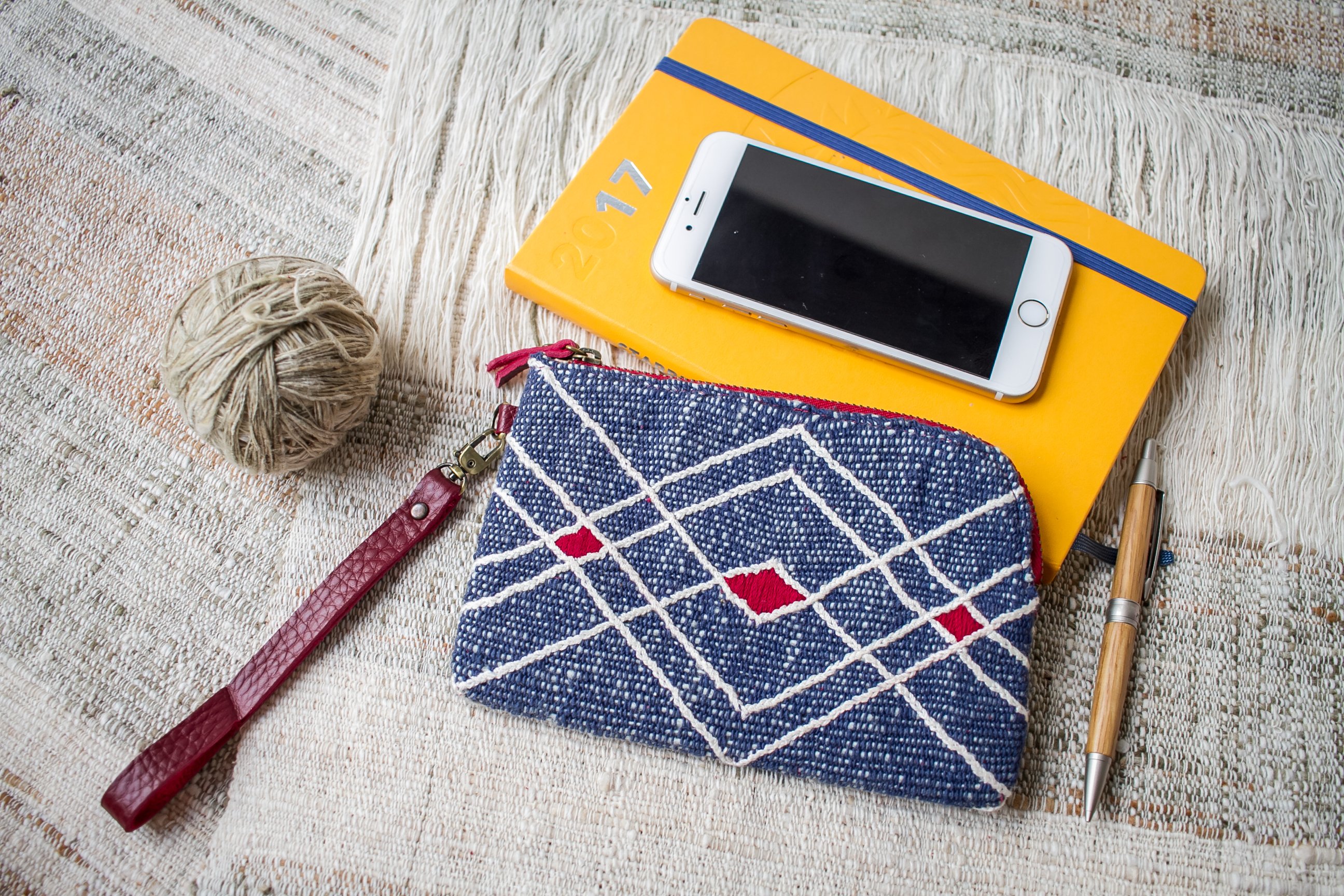 Hand Woven Cotton with Hand Embroidery Wristlet ( Blue color )